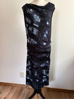 Tahari Asymmetrical Cowl Neck Ruched Midi Dress Blue/Black Abstract Size L